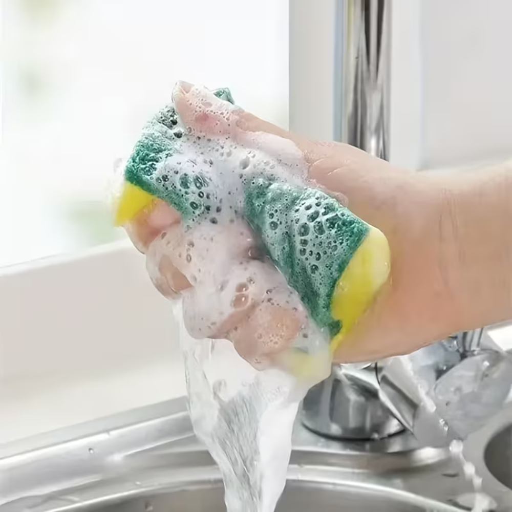 Dual Action Absorbent Kitchen Scrubber Sponge - Heavy Duty Dish Cleaning Pads for Pots, Pans & Countertops