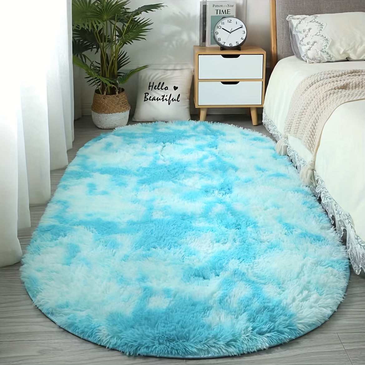 Soft Fluffy Oval Bedroom Rug With Rubber Backing