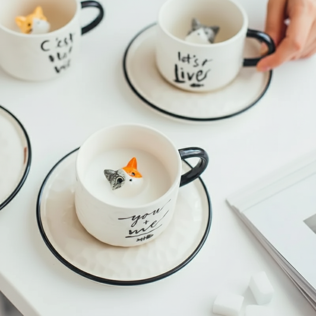 Kitten Ceramic Coffee Mug With Saucer