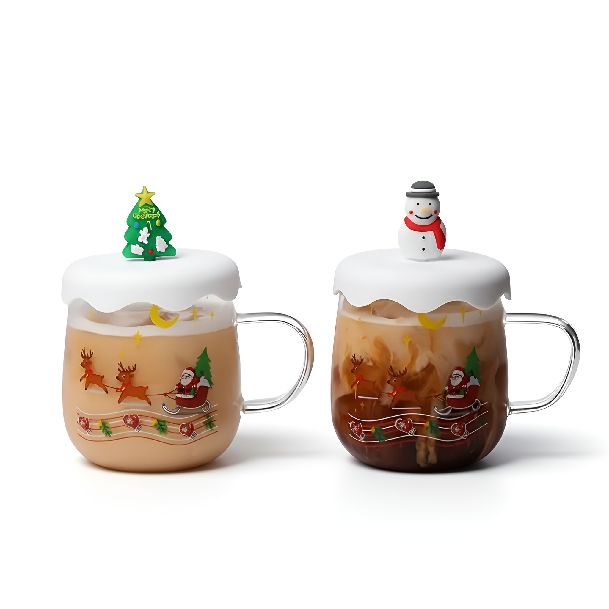 Christmas Themed Glass Cup With Snowman And Tree Lid