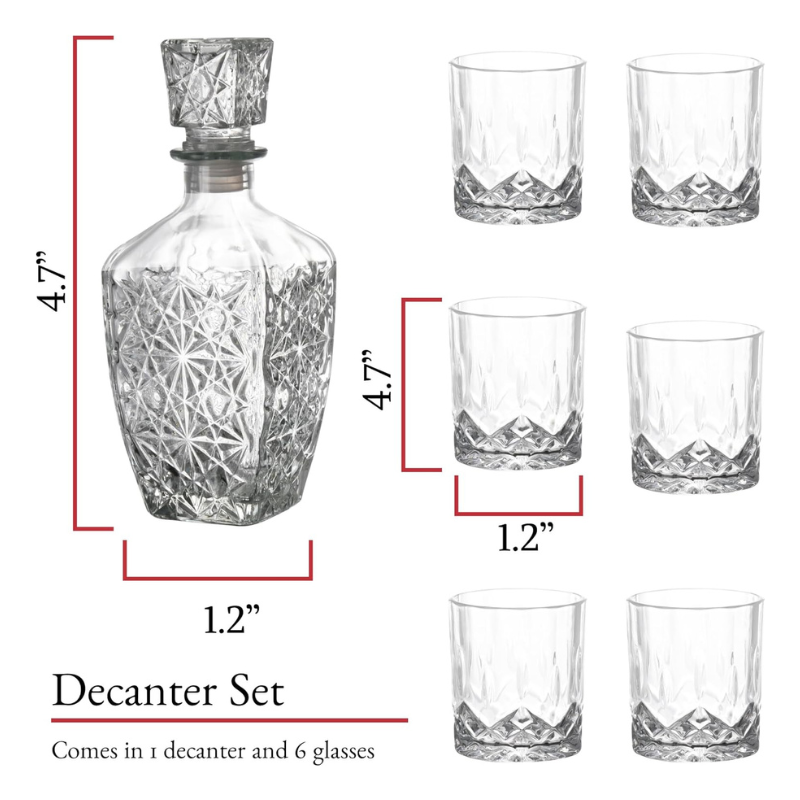 Classic Whiskey Decanter Set With Six Matching Glasses-Wine and Whiskey Decanter