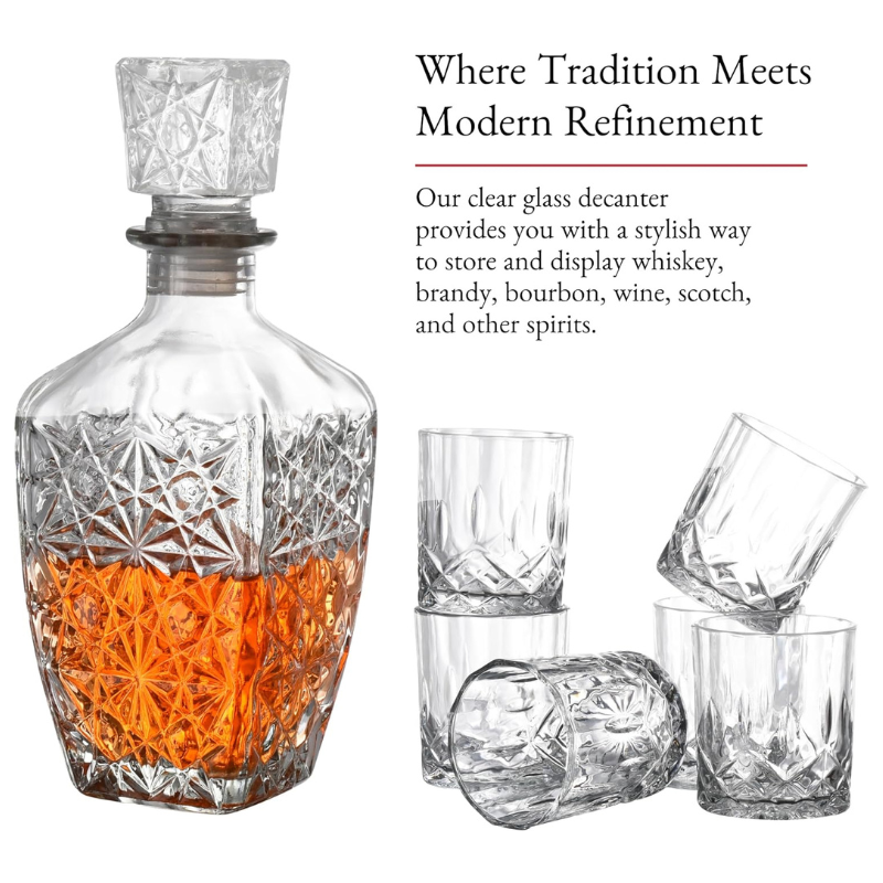 Classic Whiskey Decanter Set With Six Matching Glasses-Wine and Whiskey Decanter