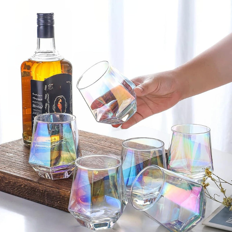 Diamond Stemless Wine Glasses With Iridescent Finish-Wine and Whiskey Decanter