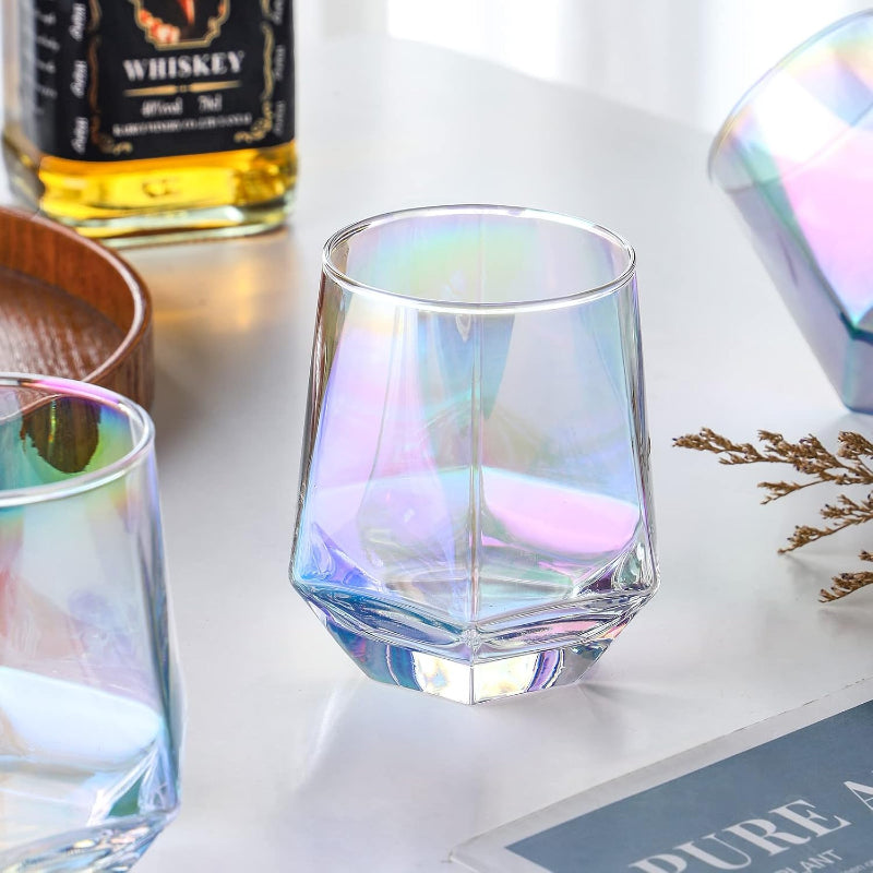 Diamond Stemless Wine Glasses With Iridescent Finish-Wine and Whiskey Decanter