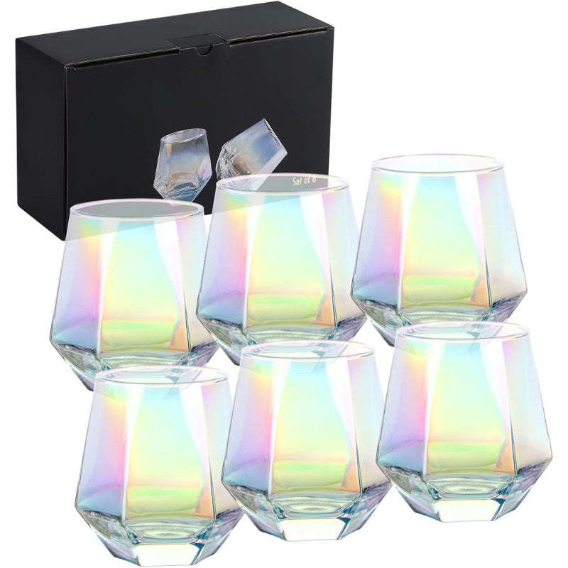 Diamond Stemless Wine Glasses With Iridescent Finish-Wine and Whiskey Decanter