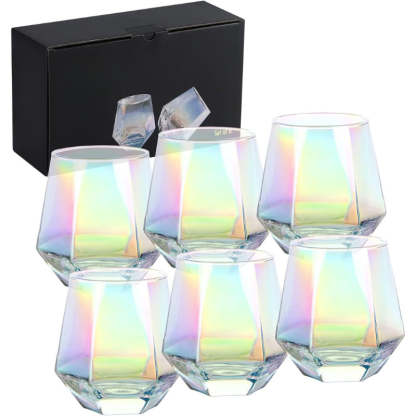 Diamond Stemless Wine Glasses With Iridescent Finish-Wine and Whiskey Decanter