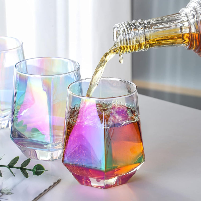 Diamond Stemless Wine Glasses With Iridescent Finish