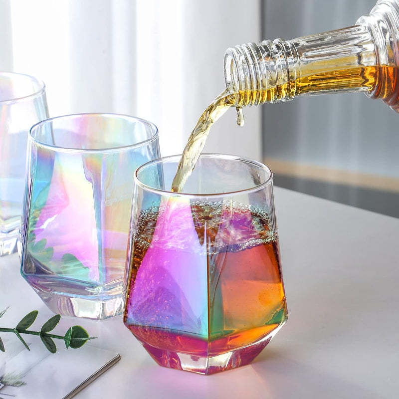Diamond Stemless Wine Glasses With Iridescent Finish-Wine and Whiskey Decanter