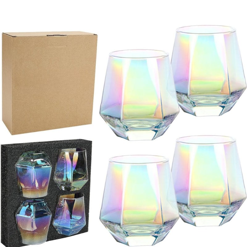 Diamond Stemless Wine Glasses With Iridescent Finish