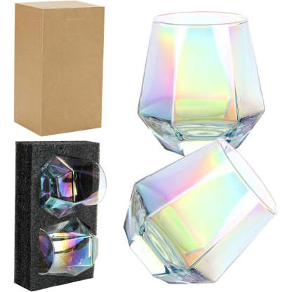Diamond Stemless Wine Glasses With Iridescent Finish-Wine and Whiskey Decanter