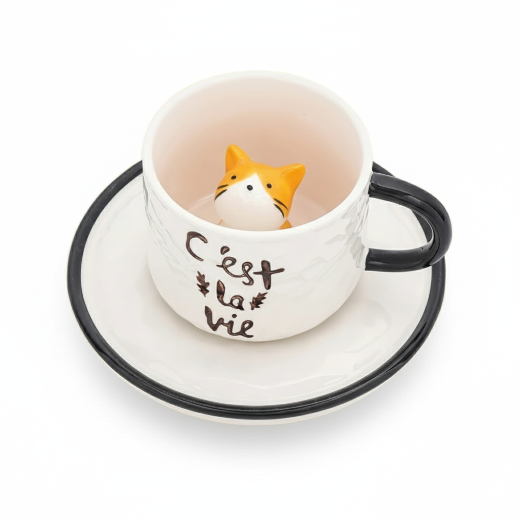 Kitten Ceramic Coffee Mug With Saucer