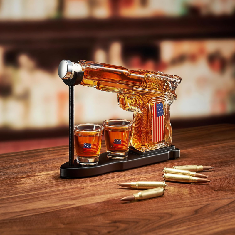 Flag Pistol Whiskey Decanter Set With Bullet Glasses