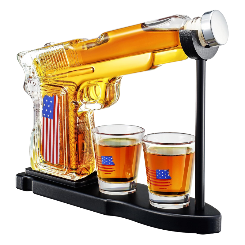 Flag Pistol Whiskey Decanter Set With Bullet Glasses