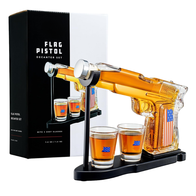 Flag Pistol Whiskey Decanter Set With Bullet Glasses
