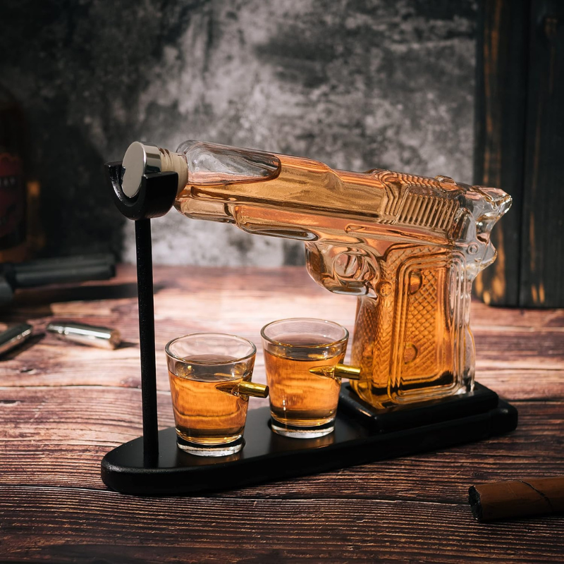 Flag Pistol Whiskey Decanter Set With Bullet Glasses-Wine and Whiskey Decanter