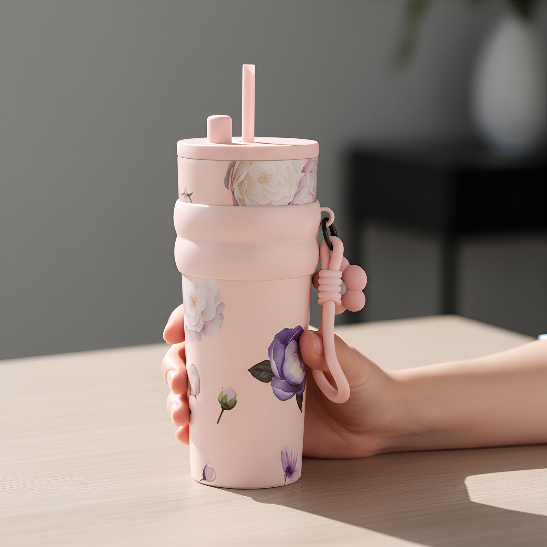 Stainless Steel Floral Pattern Tumbler With Straw And Carry Strap