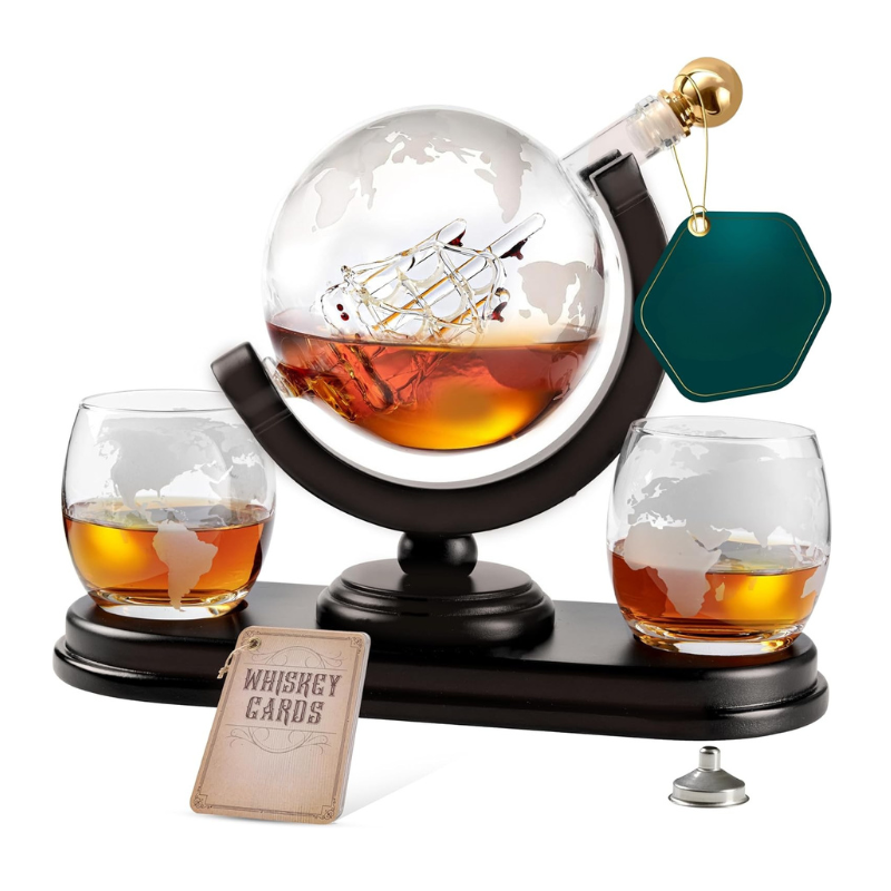 GlobeMap Design Whiskey Decanter Set With Glasses