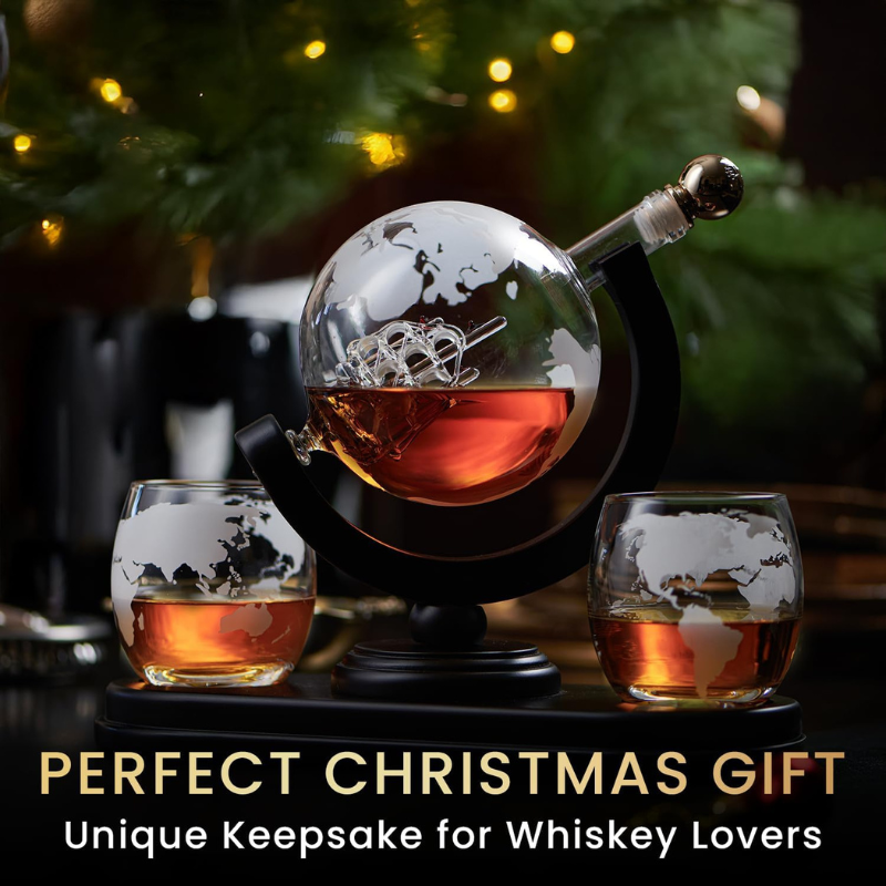 GlobeMap Design Whiskey Decanter Set With Glasses