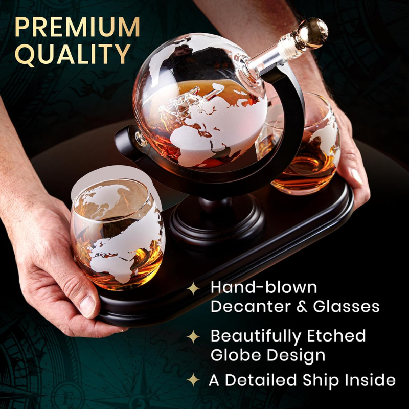 GlobeMap Design Whiskey Decanter Set With Glasses