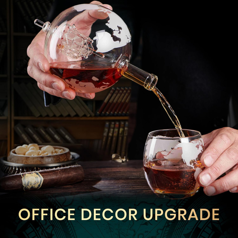 GlobeMap Design Whiskey Decanter Set With Glasses
