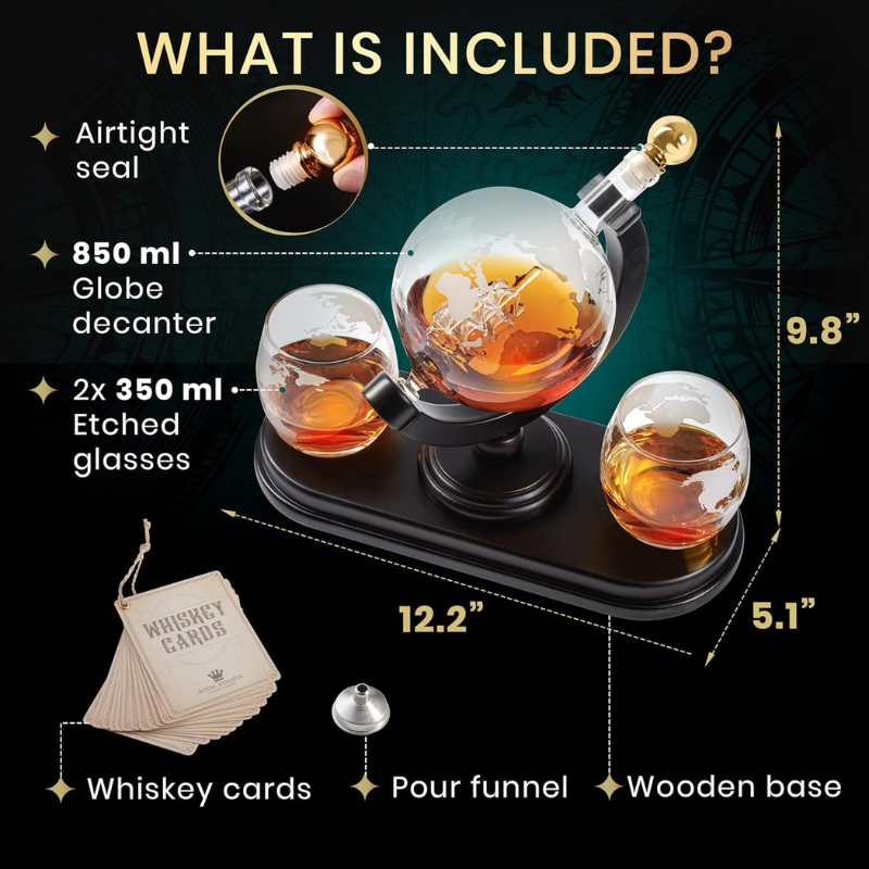 GlobeMap Design Whiskey Decanter Set With Glasses