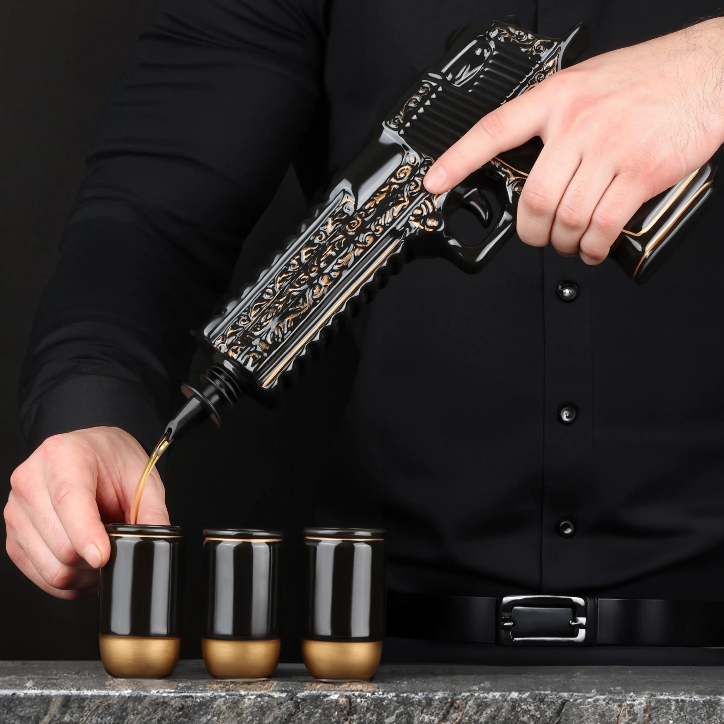 Gun Shaped Whiskey Decanter Set 18 Oz with 3 Bullet Shot Glasses and Wooden Stand 