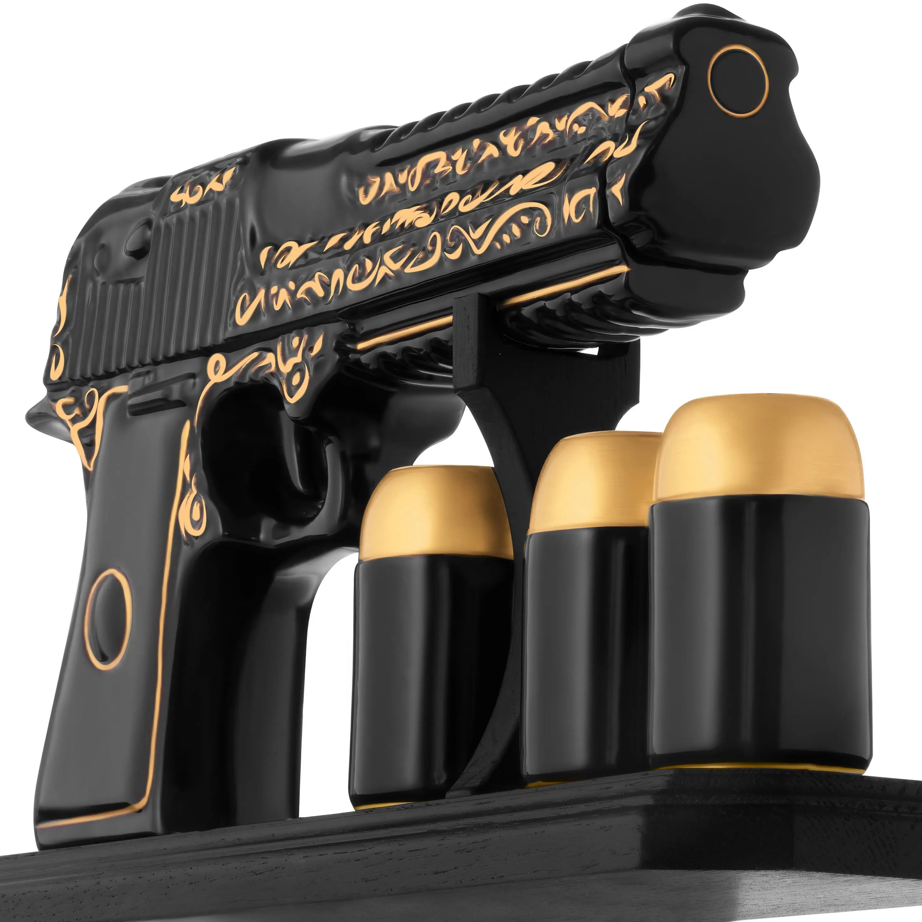 Gun Shaped Whiskey Decanter Set 18 Oz with 3 Bullet Shot Glasses and Wooden Stand 