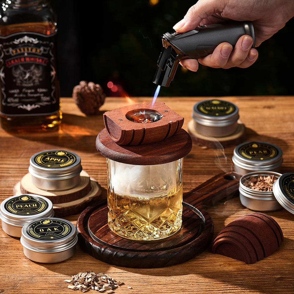 Natural Wood Culinary Kit With Torch-Wine and Whiskey Decanter