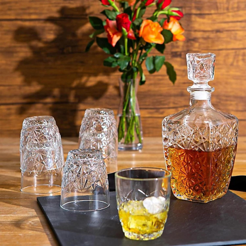 Italian Glass Decanter Style With Geometric Stopper Barware