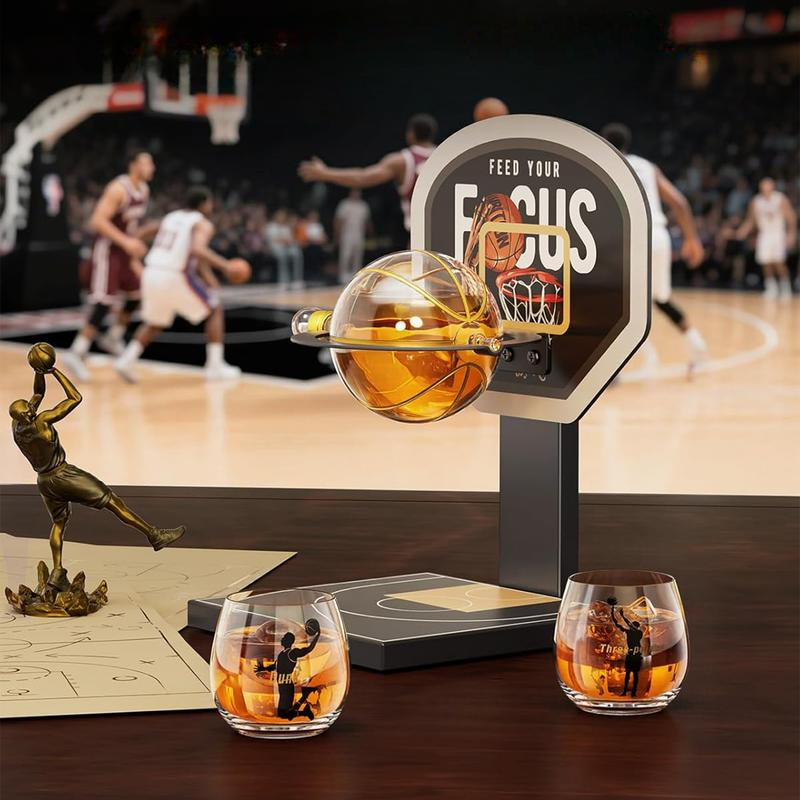 Kollea Basketball Whiskey Decanter Set with Black Court Stand & 2 Glasses,