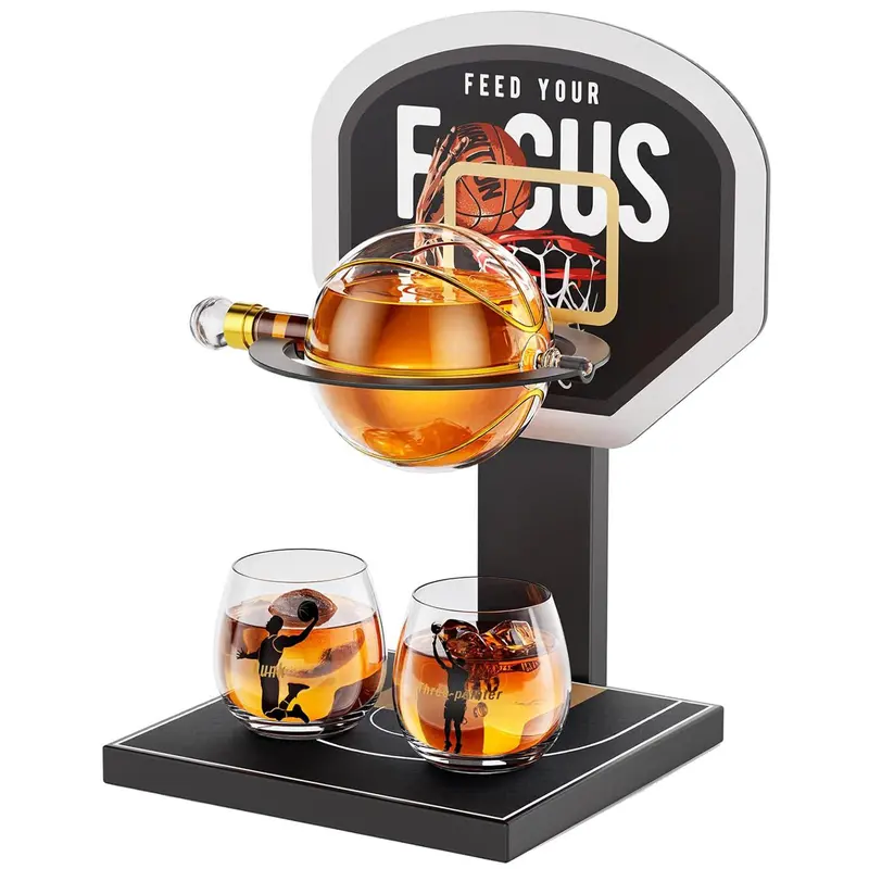 Kollea Basketball Whiskey Decanter Set with Black Court Stand & 2 Glasses,