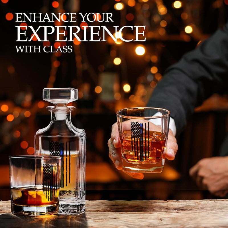 Line Whiskey Decanter Set with Glasses Flag Inspired Design