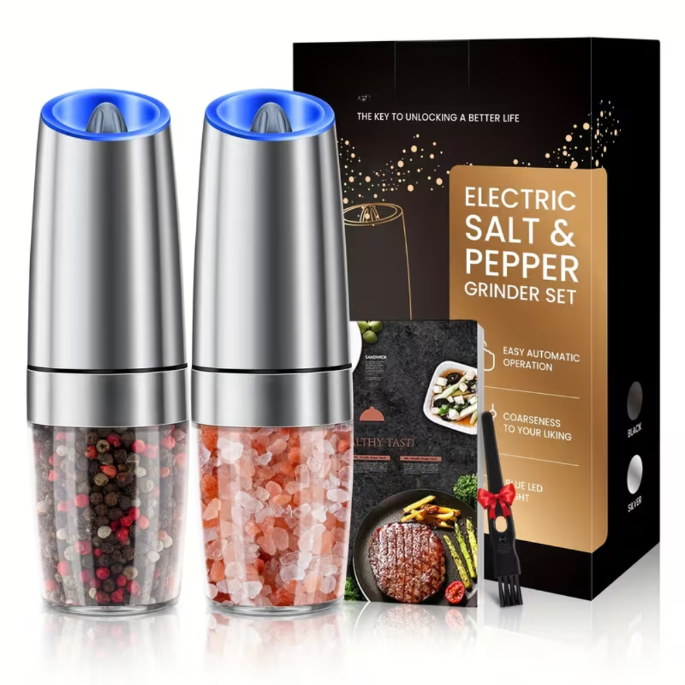 Gravity Electric Salt and Pepper Grinder Set - 2 Piece Automatic Spice Mill with Adjustable Coarseness