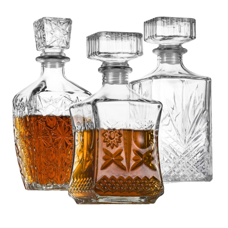 Three Whiskey Decanter Set For Designer Elegant Drinkware-Wine and Whiskey Decanter