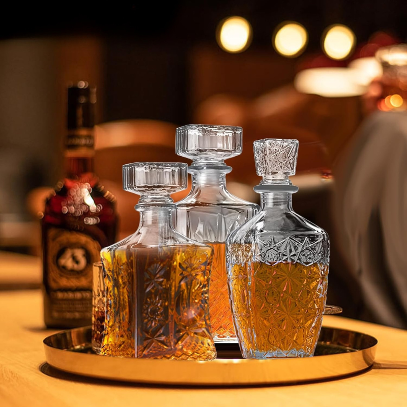 Three Whiskey Decanter Set For Designer Elegant Drinkware-Wine and Whiskey Decanter