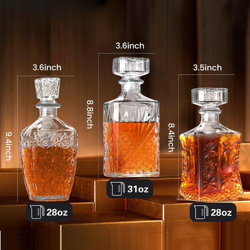 Three Whiskey Decanter Set For Designer Elegant Drinkware-Wine and Whiskey Decanter