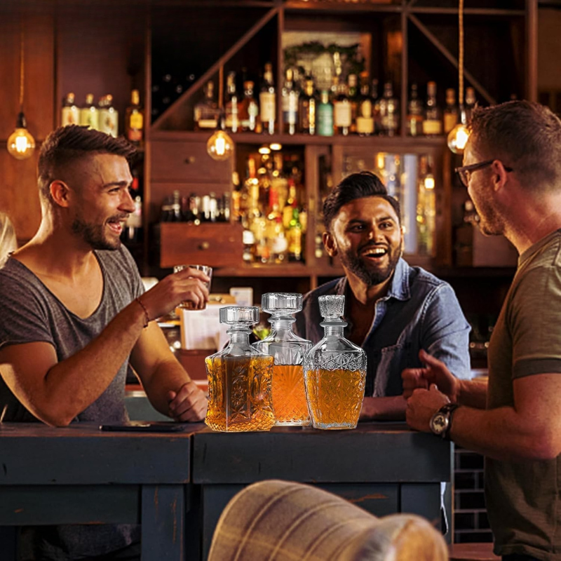 Three Whiskey Decanter Set For Designer Elegant Drinkware-Wine and Whiskey Decanter