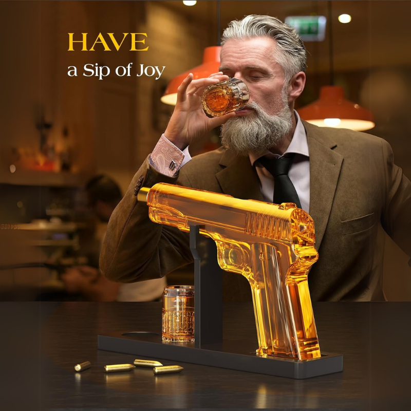 Bold Pistol Design Whiskey Decanter Set with Shot Glasses