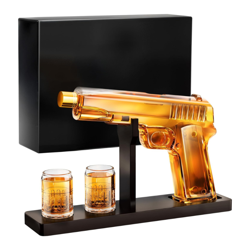 Bold Pistol Design Whiskey Decanter Set with Shot Glasses