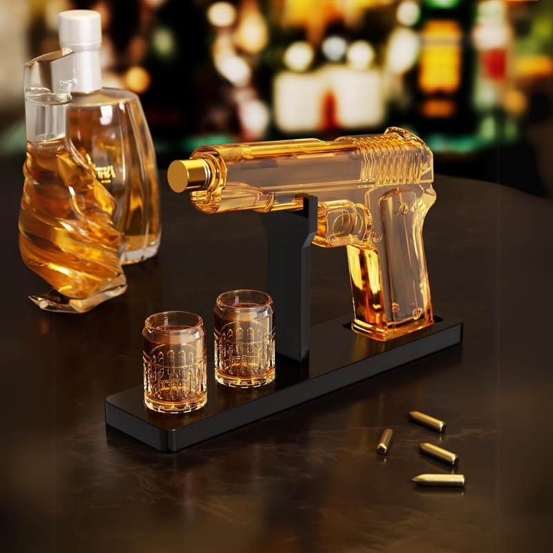 Bold Pistol Design Whiskey Decanter Set with Shot Glasses
