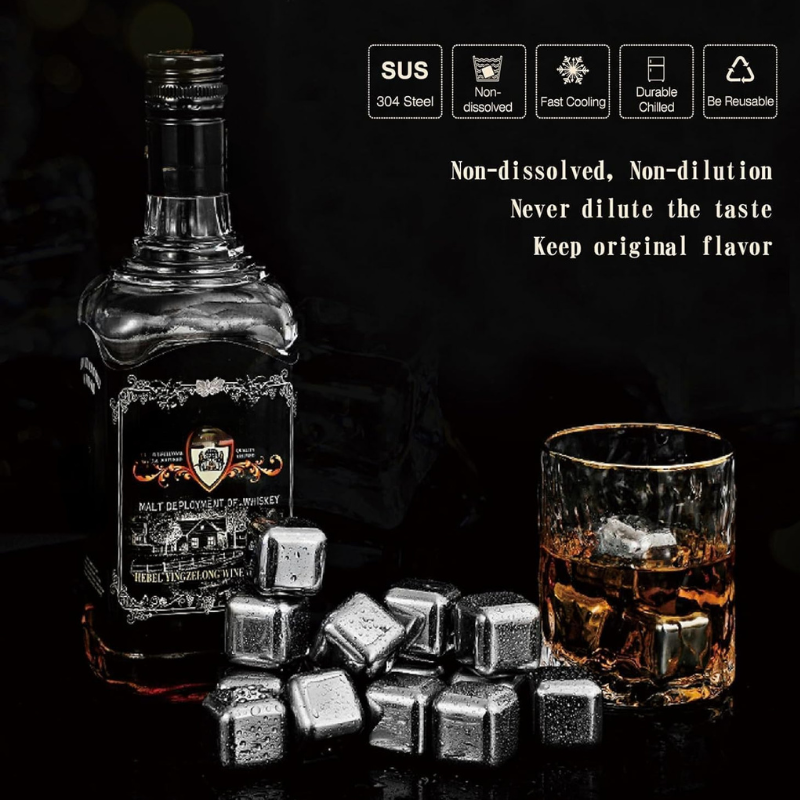 Reusable Stainless Steel Whiskey Stones For Chilled Drinks-Wine and Whiskey Decanter