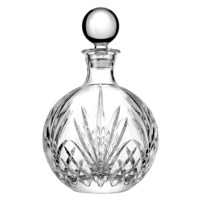 Round Shape Whiskey Decanter With Intricate Cut Glass Design