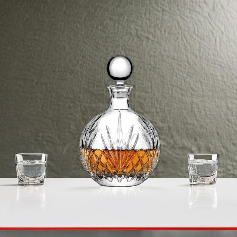 Round Shape Whiskey Decanter With Intricate Cut Glass Design