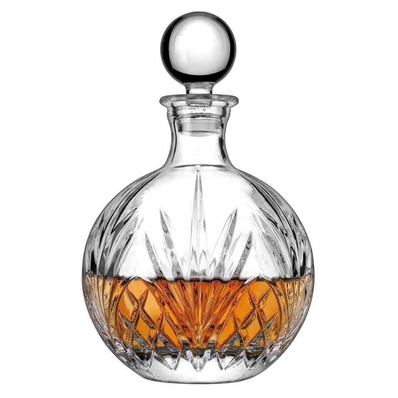 Round Shape Whiskey Decanter With Intricate Cut Glass Design
