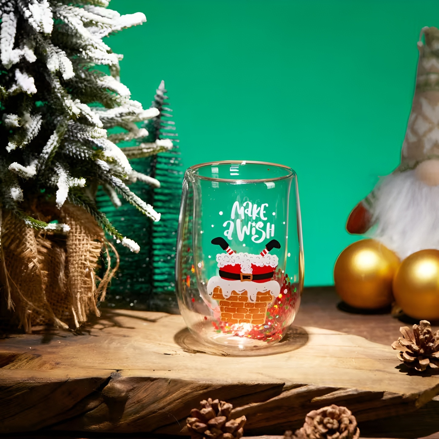 Set Of 4 Christmas Double Walled Insulated Glass Cup With Santa Design