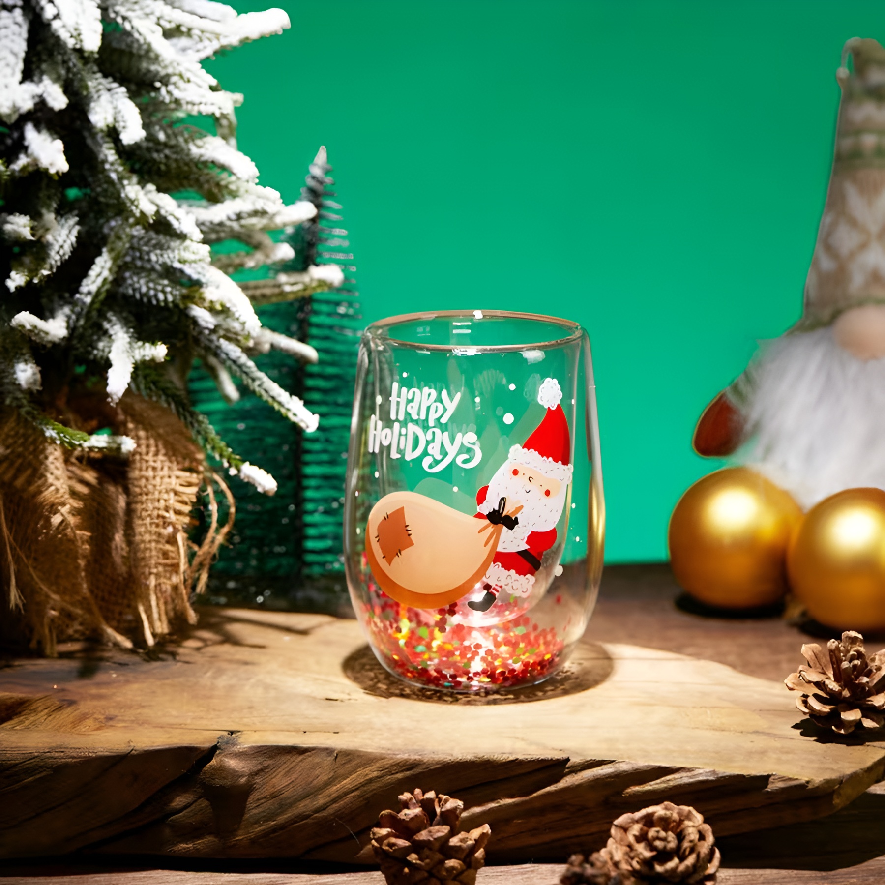 Set Of 4 Christmas Double Walled Insulated Glass Cup With Santa Design