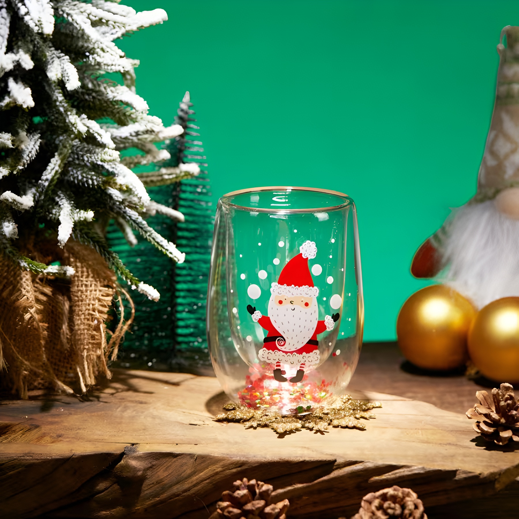 Set Of 4 Christmas Double Walled Insulated Glass Cup With Santa Design