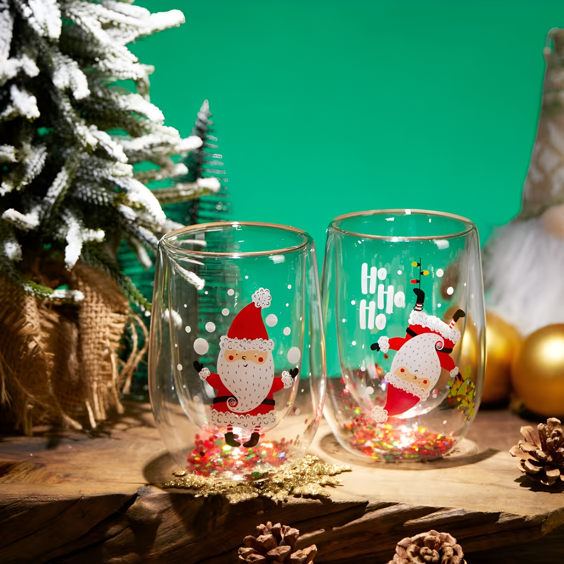 Set Of 4 Christmas Double Walled Insulated Glass Cup With Santa Design