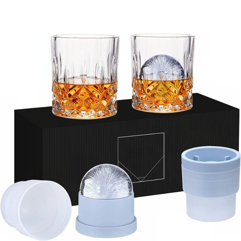 Set Of 2 Sculpted Crystal Glasses With 2 Ice Sphere Molds For Whiskey