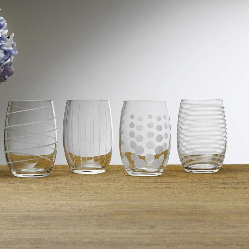 Stemless Patterned Glasses Set of 4 Elegant Etched Drinkware